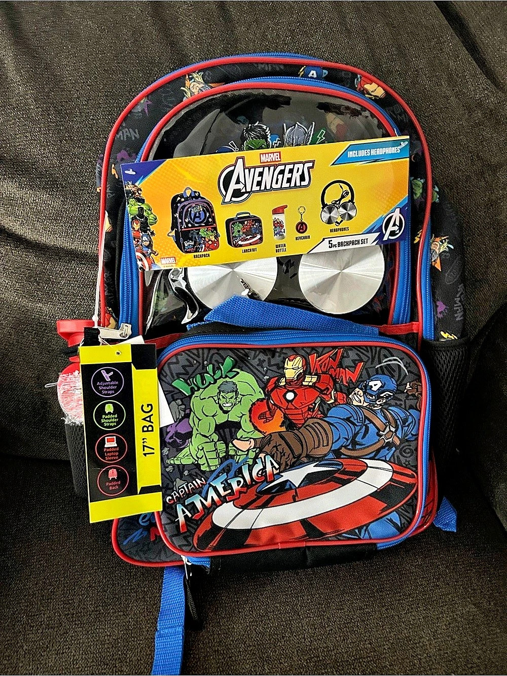 Marvel Avengers 5-Piece 17" Backpack Set Black & Blue